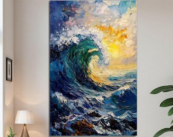 Pintura de poderosas olas del océano, pintura al óleo de olas del océano, pintura abstracta de océano con empasto, decoración de pared costera, arte marino para decoración del hogar