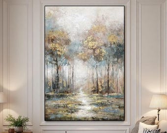 Abstract Forest Path Oil Painting, Textured Woodland Wall Art, Misty Forest Landscape Art, Calming Nature Scene Artwork, Vertical Canvas Art
