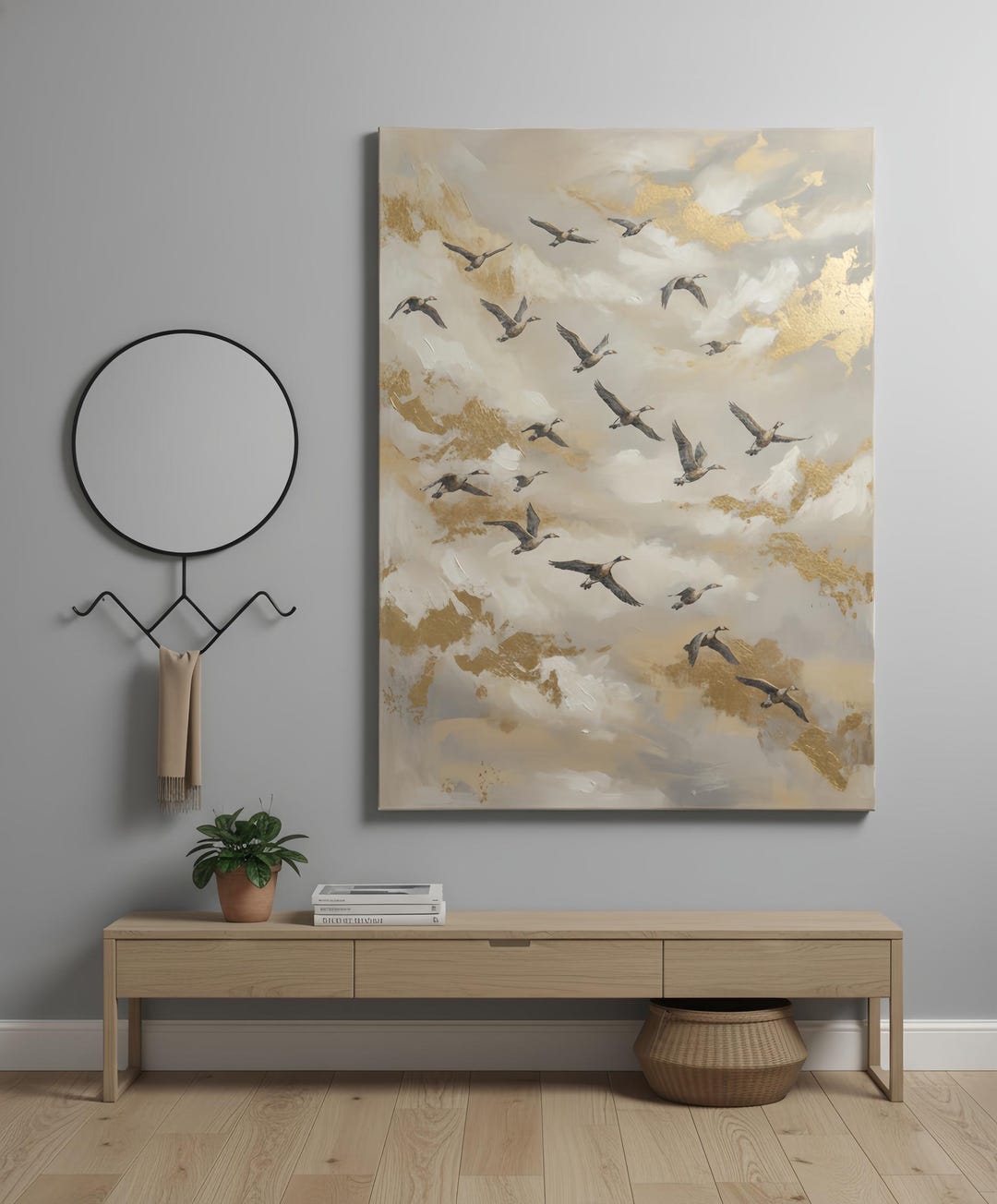 Abstract Flying Geese Wall Art, Large Gold Leaf Canvas Painting, Modern ...