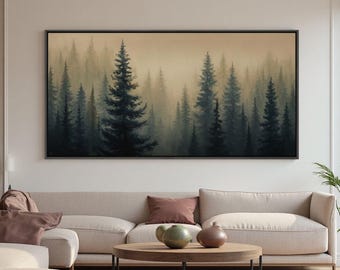 Lienzo texturizado de un bosque de pinos brumoso, pintura al óleo moderna de un bosque