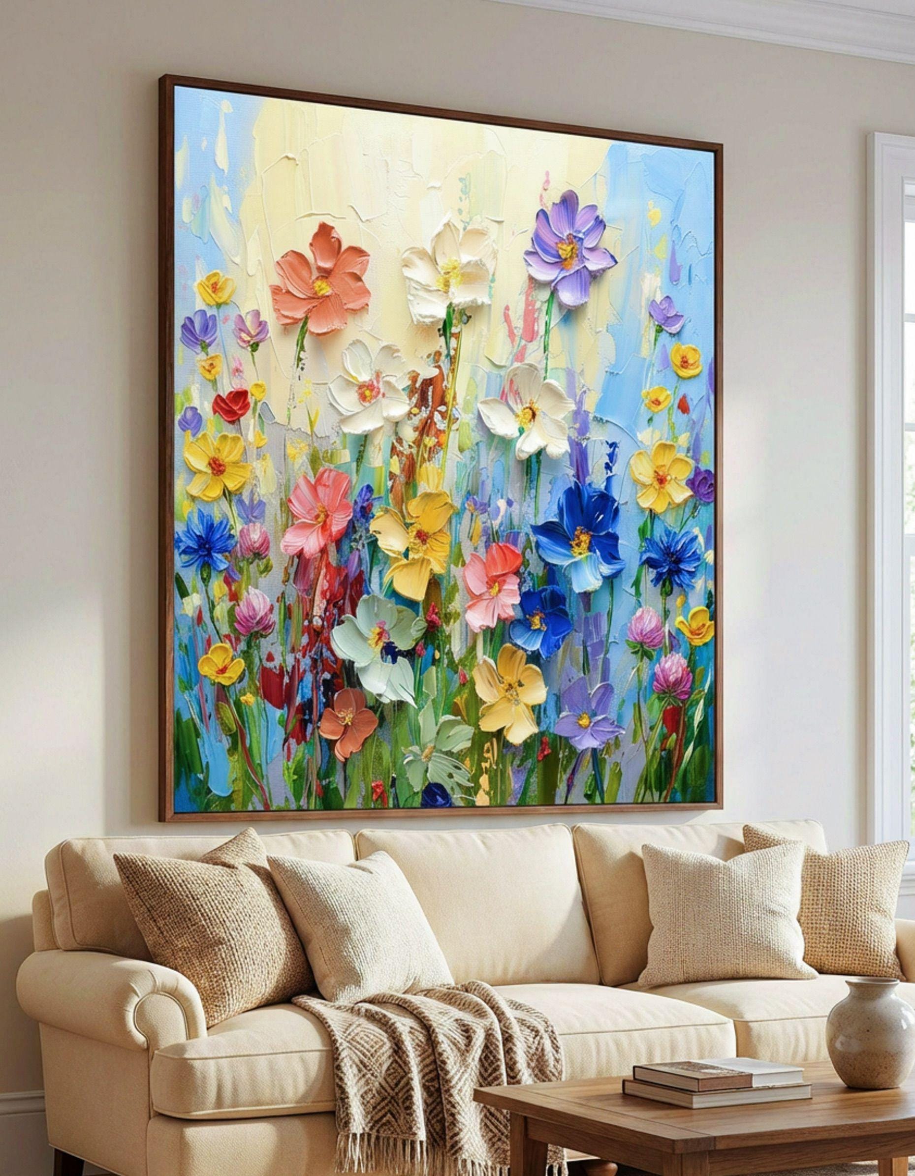 Abstract Colorful Floral Oil Painting on Canvas, Botanical Wall Art ...