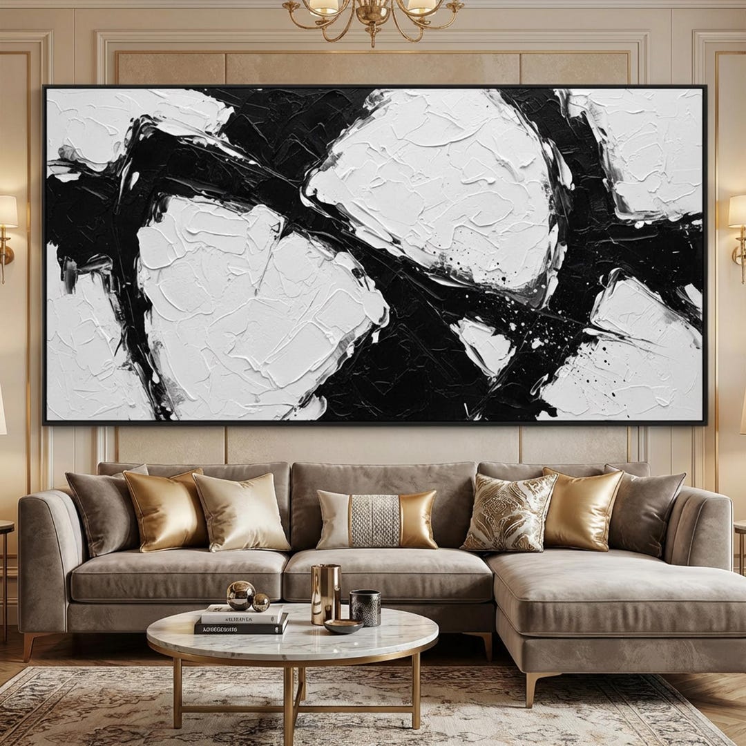 Large Black and White Abstract Painting, Heavy Texture Impasto Painting ...