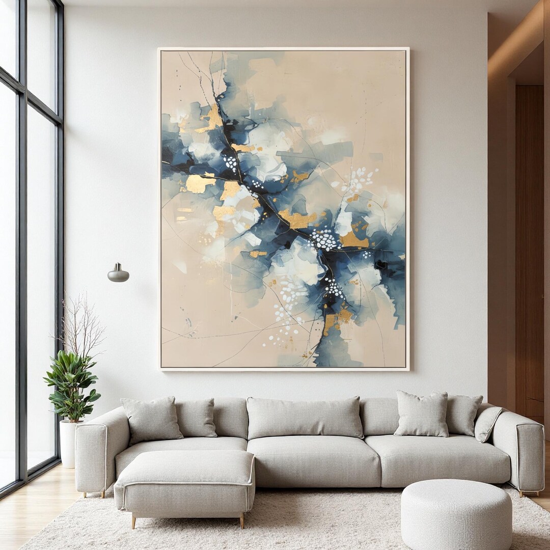 Large Abstract Gold Leaf Painting | Modern Blue & Beige Canvas Wall Art ...