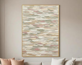 Soft Neutral Textured Abstract Oil Painting, Blush & Sage Impasto Palette Knife Painting, Textured Wall Art, Large Canvas Living Room Decor