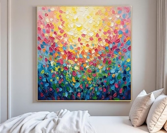 Dipinto a olio originale con petali colorati e texture da parete, arte floreale astratta in impasto, arredamento moderno espressionista per la casa