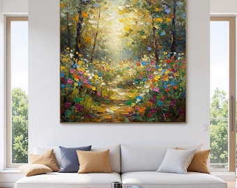 Textured Forest Path Oil Painting Original Art | Impasto Wildflower Meadow Landscape Wall Art | Vibrant Floral Home Decor
