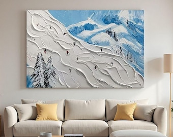 Original Textured Ski Mountain Landscape Oil Painting, Winter Sports Wall Art, Large Impasto Skiing Scene Art Snow Landscape Living Room Art
