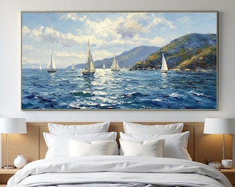 Original Sailboat Seascape Oil Painting, Blue Sailboat Scenery Art, Large Textured Ocean Wall Art, Impasto Coastal Landscape Canvas Art