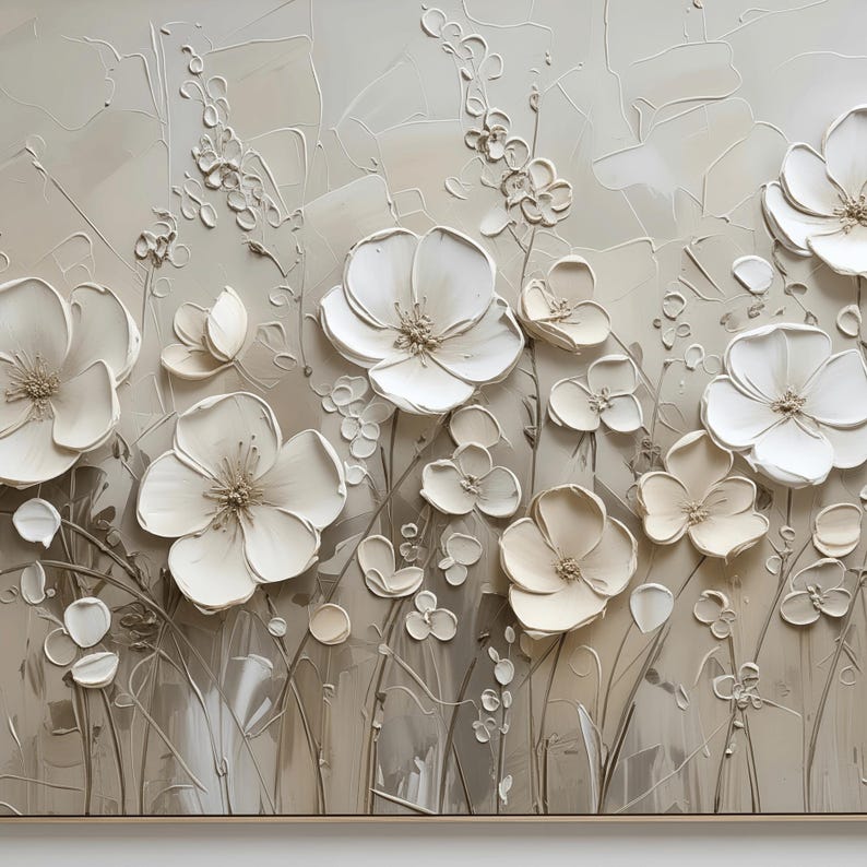 3D Textured Floral Wall Art | Large Neutral Impasto Flower Painting ...