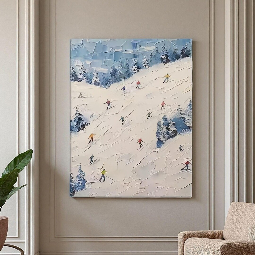 Skiing Oil Painting Winter Landscape Wall Art Textured Impasto Ski 
