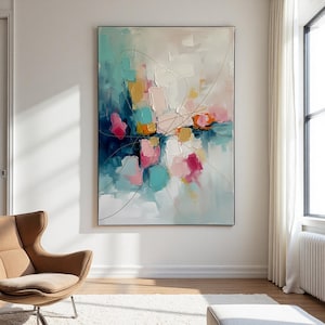 Original Large Abstract Painting, Textured Canvas Wall Art, Modern Living Room Decor, Vibrant Teal Pink & Gold Acrylic Art