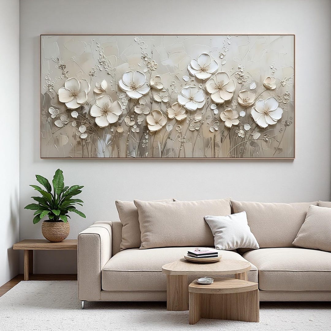 3D Textured Floral Wall Art | Large Neutral Impasto Flower Painting ...
