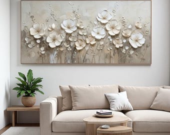 3D Textured Floral Wall Art | Large Neutral Impasto Flower Painting | Modern Cream Botanical Art Canvas | Handmade Living Room Decor
