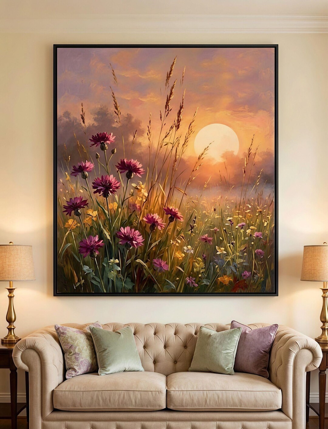 Wildflower Field Oil Painting on Canvas, Sunset Landscape Art, Large ...