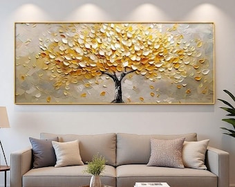 Golden Autumn Tree Oil Painting, Large Abstract Gold Leaf Tree Art, Tree of Life Art, Original Textured Life Tree Wall Art Modern Home Decor