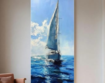 Origineel zeilbootolieverfschilderij, levendige oceaan zeegezicht kunst aan de muur, grote blauwe zee kunst aan de muur, nautisch decor, mariene kunst, kust Home Decor