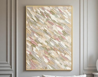 Pintura al óleo abstracta texturizada en tonos neutros ruborizados y salvia, arte moderno con espátula en colores apagados, arte mural texturizado, lienzo grande para decoración de sala de estar.