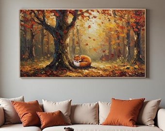 Original Impasto Autumn Forest with Fox Painting On Canvas, Wildlife Artwork, Large Animal Texture Wall Art, Boho Living Room Decor
