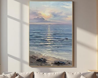 Original Oil Painting Textured Ocean Sunset Art, Impasto Seascape Canvas Wall Art, Serene Beach House Decor, Coastal Living Room Decor