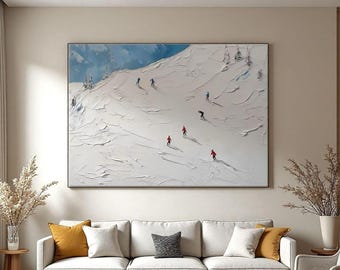 Original Textured Skiing Oil Painting, Abstract Winter Mountain Sports Wall Art, Large Canvas Ski Landscape, Snow Landscape Living Room Art
