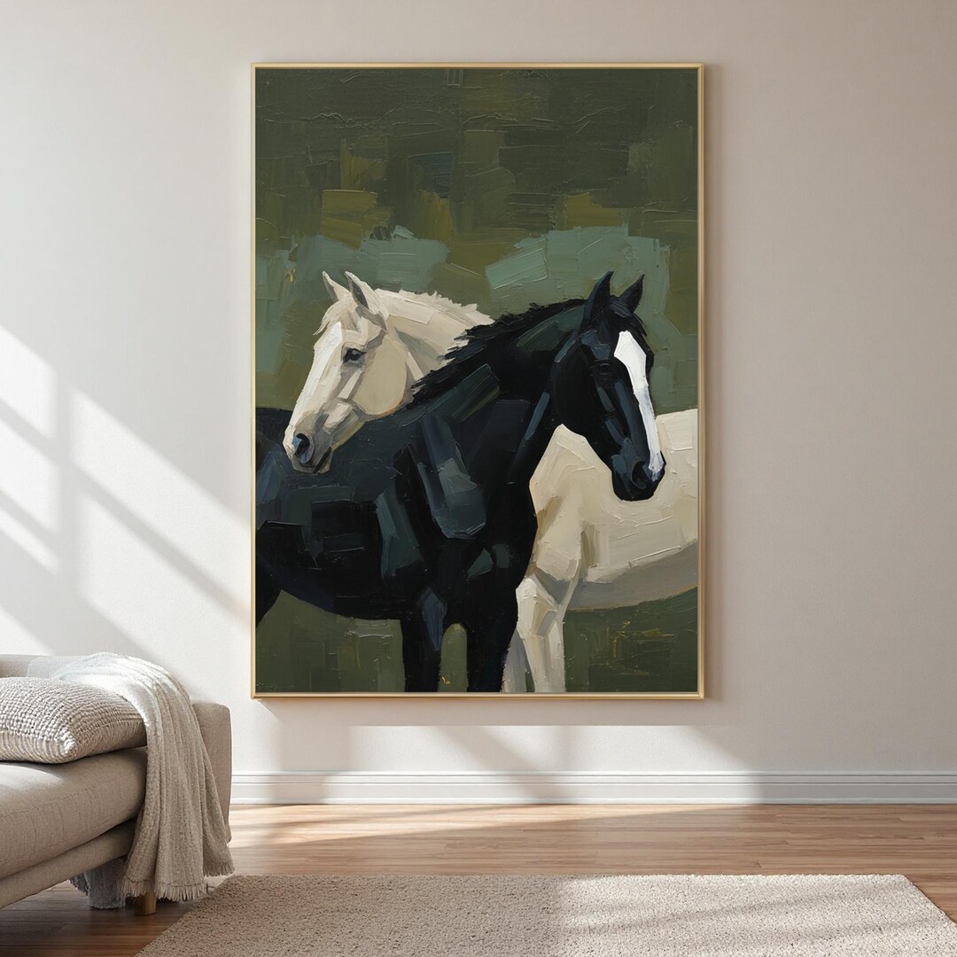 Abstract Horse Oil Painting, Large Canvas Art, Black White Horse Wall ...