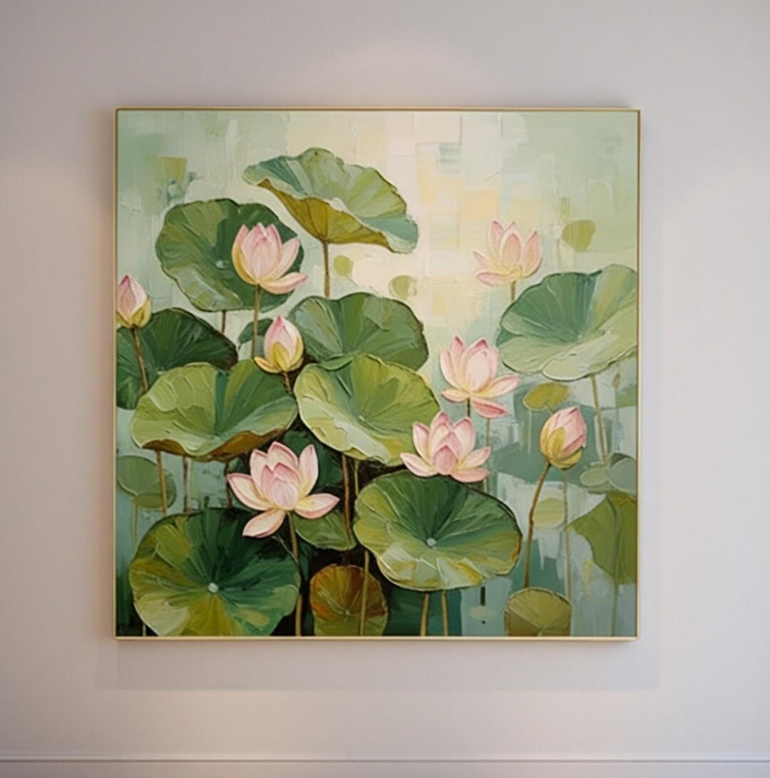 Abstract Water Lily Textured Painting on Canvas | Serene Green Impasto ...