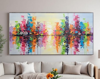 Pintura al óleo de paisaje urbano colorido con textura 3D, arte mural abstracto vibrante, lienzo grande con reflejos modernos para sala de estar.