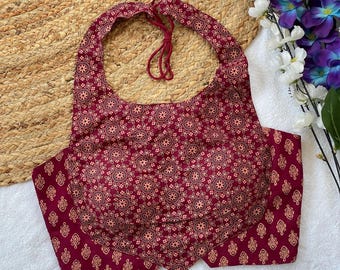 Blusa de algodón indio con cuello halter, top corto estilo boho, blusa Ajrakh Mandala Paisley, camisas de verano.