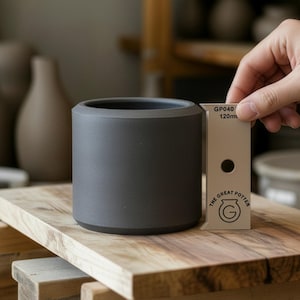 Puede incluir: Una maceta cilíndrica de cerámica gris oscuro con una base gruesa. Una mano sostiene una herramienta de medición junto a la maceta. La herramienta dice "GP040/120m" y "THE GREAT POTTER". La maceta está sobre una superficie de madera.
