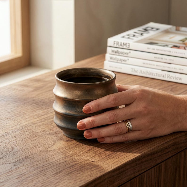 Puede incluir: Una taza de cer&aacute;mica en tonos bronce oscuro con una superficie exterior acanalada y ondulada. La taza presenta una boca ancha y una base redondeada, mostrando un acabado met&aacute;lico que transita de negro profundo a tonos bronce c&aacute;lidos.