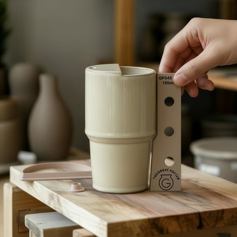May include: A beige ceramic mug with a unique stepped design. The mug is held next to a ruler that measures 160mm. The mug is sitting on a wooden surface. The text "THE GREAT POTTER" is visible on the ruler.