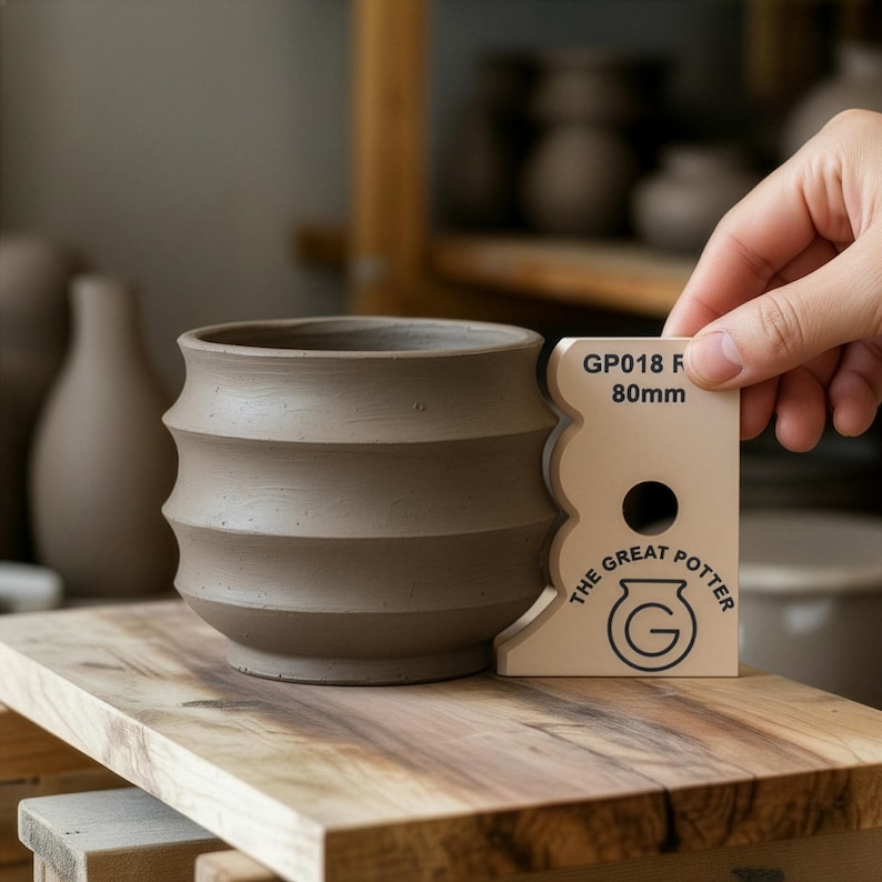 Puede incluir: Un cuenco de cer&aacute;mica gris mate con tres crestas horizontales en el exterior. Una herramienta de medici&oacute;n beige etiquetada como GP018 R 80mm y THE GREAT POTTER con un logotipo circular se coloca contra el lado para indicar un di&aacute;metro de 80mm.