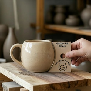 May include: A speckled beige ceramic mug with a rounded shape and a large handle. The mug sits on a wooden surface. A card with the text "GP039 RIB 80mm" and "THE GREAT POTTER" is held next to the mug.