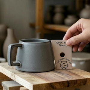Puede incluir: Taza de cerámica gris con asa cuadrada y cuerpo ligeramente cónico. La taza está sobre una superficie de madera. Una tarjeta cercana indica "GP017 R 80mm" y "THE GREAT POTTER". La taza mide unos 8 cm de alto.