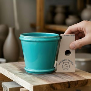 Puede incluir: Una maceta de cerámica turquesa con borde y base redondeados. Una herramienta beige con el texto "GP001 RIB" y "THE GREAT POTTER" se sostiene junto a la maceta. La maceta está sobre una superficie de madera.