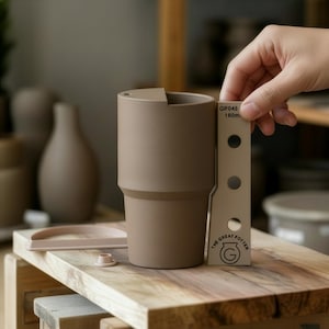 May include: A taupe-colored ceramic travel mug with a lid and a measurement guide. The mug has a cylindrical shape with a slightly wider base. The measurement guide reads "GP045/160m." The text "THE GREAT POTTER" is also visible.