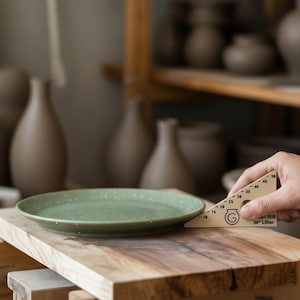 May include: A round, sage green ceramic plate with a speckled finish. A beige triangular pottery tool with black markings and the text '30" Lifter' is positioned against the edge of the plate, showing a measurement scale from 10 to 50 inches.