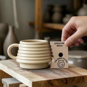 May include: A beige ceramic mug with a ribbed design and a curved handle. A hand holds a beige tool that reads "GP033 RIE 80mm" and "THE GREAT POTTER". The mug sits on a wooden surface.
