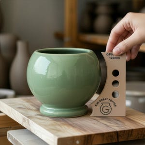 May include: A round, sage green ceramic bowl with a pedestal base. A hand holds a tan tool with the text "THE GREAT POTTER" and "GPO.. 120mm". The bowl sits on a wooden surface, with other pottery visible in the background.