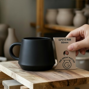 Op de afbeelding: Een zwarte keramische mok met een afgeronde body en een stevig handvat. De mok staat op een houten oppervlak. Een beige kaart met de tekst "GP015 RIB 80mm" en "THE GREAT POTTER" wordt naast de mok gehouden. De mok is ongeveer 8 cm hoog.