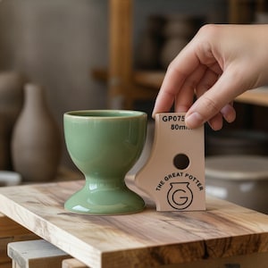 May include: A sage green ceramic egg cup with a smooth, glossy finish and a pedestal base. Next to it is a beige measuring tool labeled GP075 80mm and The Great Potter with a circular logo, used to verify the dimensions of the ceramic piece.