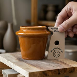 Puede incluir: Una maceta de cerámica vidriada de color marrón anaranjado, con cuerpo redondeado y borde acampanado. Una mano sostiene una herramienta beige con el texto "GP004 90m." y el logotipo "THE GREAT POTTER". La maceta está sobre una superficie de madera.