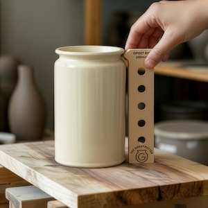 Puede incluir: Un jarrón de cerámica color crema con la parte superior redondeada y ranuras verticales. Se sostiene una herramienta de medición de madera junto al jarrón. El texto "GP057 RI 200mm" es visible en la herramienta de medición. También es visible el logotipo de The Great Potter.