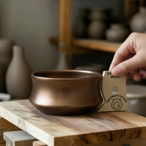 May include: A bronze-colored ceramic bowl with a wide, curved rim and a slightly flared base. The bowl is sitting on a wooden surface. A hand holds a measuring tool that reads 60mm. The text "THE GREAT POTTER" is visible.