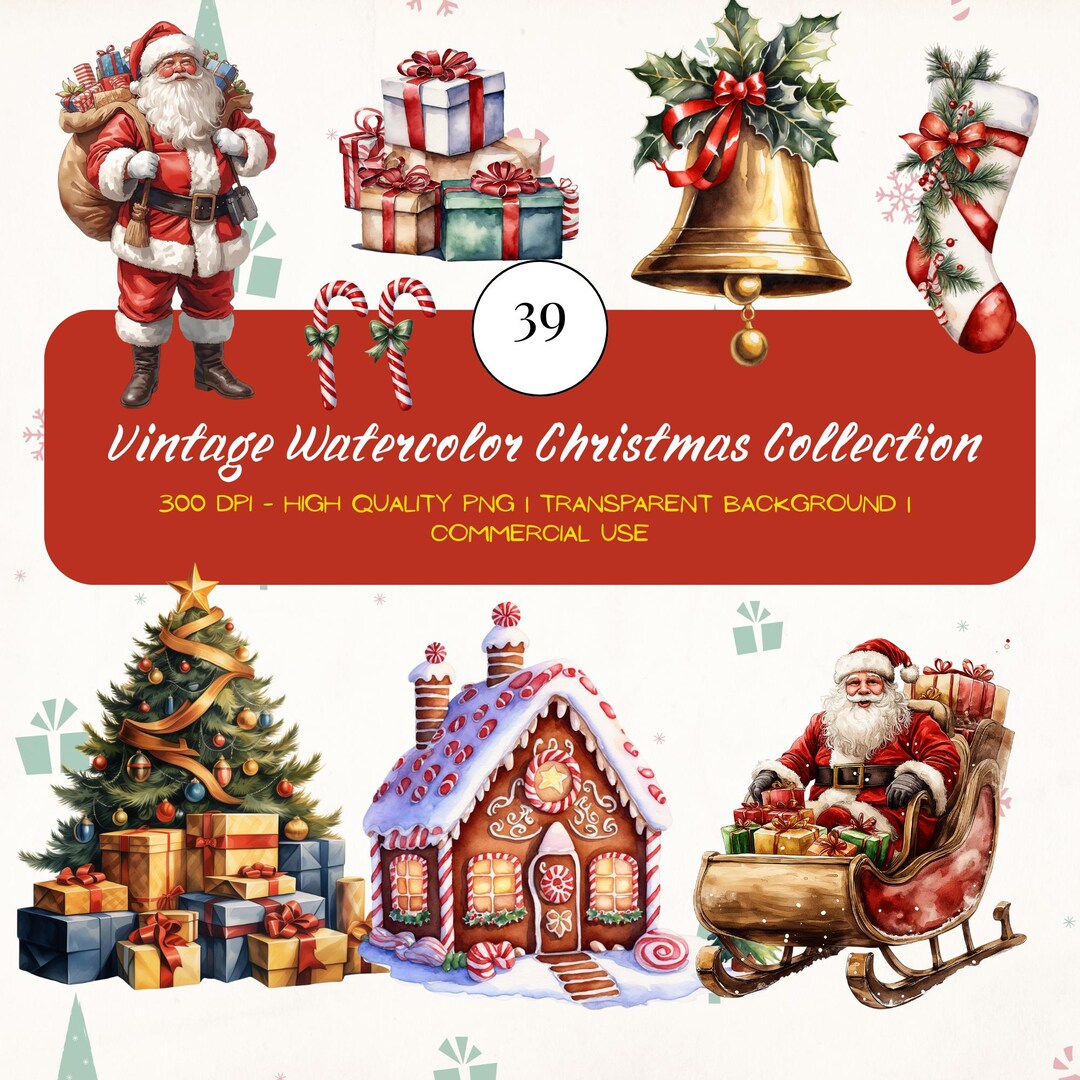 Vintage Christmas Clipart Bundl- 39 Cliparts, Watercolor Christmas PNG ...
