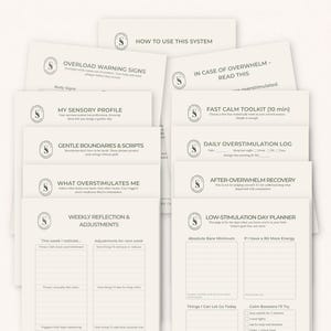 May include: A collection of informational cards with titles like "Overload Warning Signs" and "Low-Stimulation Day Planner." The cards have a minimalist design with text and a circular logo. The text is in a sans-serif font.