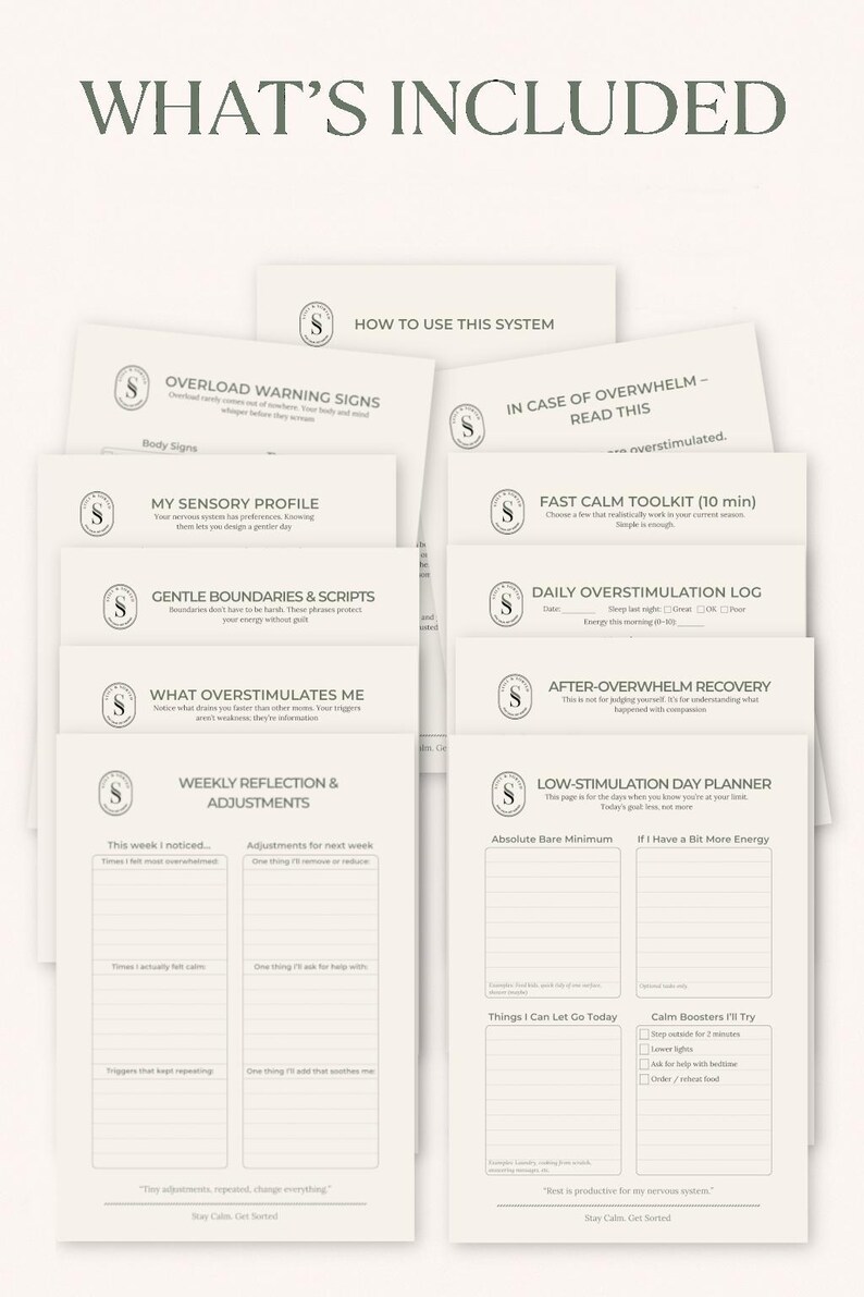 May include: A collection of informational cards with titles like "Overload Warning Signs" and "Low-Stimulation Day Planner." The cards have a minimalist design with text and a circular logo. The text is in a sans-serif font.