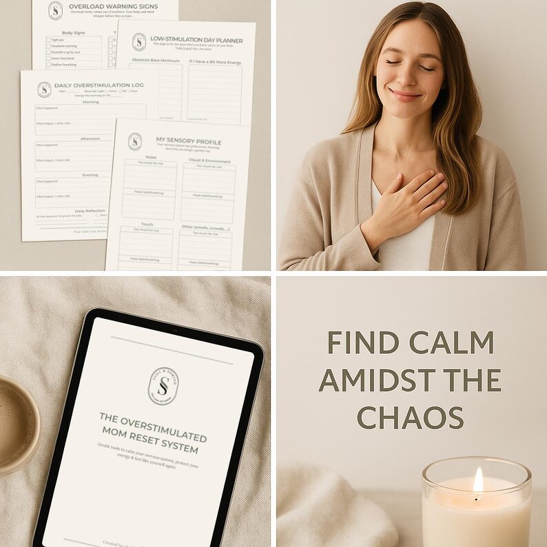 May include: A multi-panel image featuring printed worksheets, a tablet, a lit candle, and a woman. The worksheets include titles like "Overload Warning Signs" and "My Sensory Profile." The tablet displays "The Overstimulated Mom Reset System." The text "Find Calm Amidst the Chaos" is also visible.