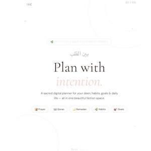 Peut inclure: Un planificateur numérique avec le texte "Plan with intention" dans un design minimaliste. Le planificateur comprend des sections pour la prière, le Coran, le Ramadan, les habitudes et les objectifs. Le texte "NOTION PLANNER FOR MUSLIM WOMEN" est également visible.