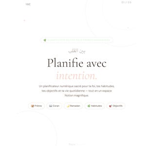 May include: A digital planner with the text "Planifie avec intention" in a white and light pink design. The planner includes icons for prayers, the Quran, Ramadan, habits, and objectives. The price is 14€.